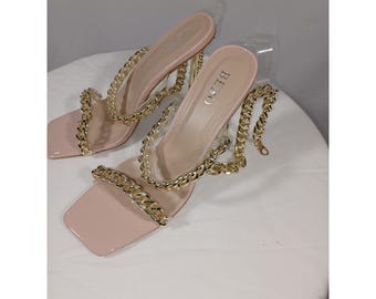 BEBO Mighty Chain Strap Heels Womens Size UK 6 Clear Beige Gold High Heel Shoes