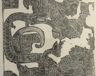 An American Dragon in London an original woodcut print of a Mayan Lintel