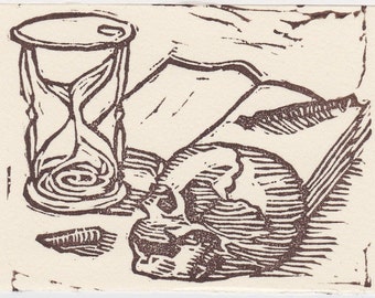 TIME: ACEO an Original Hand Pulled Miniature Linocut Print featuring a skull, open book and sand timer