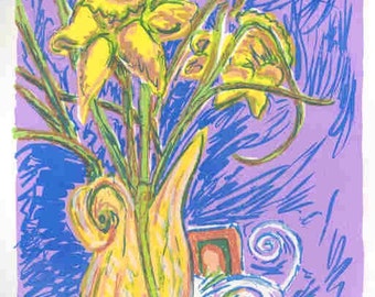 Noras Daffodils II - Original multicolor Silkscreen Print still-life featuring daffodils in a funky vase