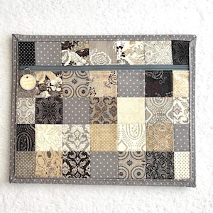 Sac à projet gris en patchwork : entièrement en tissu 14 x 11