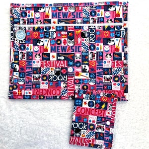Borsa per progetti di cucito Rockstar Cat: tessuto intero 14x11 e motivo abbinato