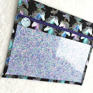 Può includere: Pochette rettangolare con cerniera con un tessuto nero con un motivo di cavalli colorati. La pochette ha un pannello frontale trasparente e una cerniera viola. Una piccola etichetta con testo è attaccata alla cerniera.