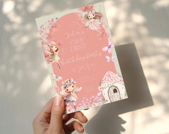 Invitación de cumpleaños de hadas para el primer cumpleaños / Plantilla editable de Canva / Invitación para fiesta de hadas rosa acuarela / Descarga instantánea
