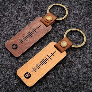 Könnte beinhalten: Zwei Holzschlüsselanhänger mit Metallringen. Ein Schlüsselanhänger ist braun mit einem weißen Design und der andere ist hellbraun mit einem weißen Design. Beide Schlüsselanhänger haben ein weißes Musiknotensymbol.