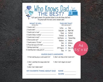 Puede incluir: Un juego imprimible azul y blanco para una fiesta. El juego se llama "¿Quién conoce mejor a papá?" y tiene preguntas sobre el padre de una persona. El juego mide 8,5 pulgadas por 11 pulgadas.