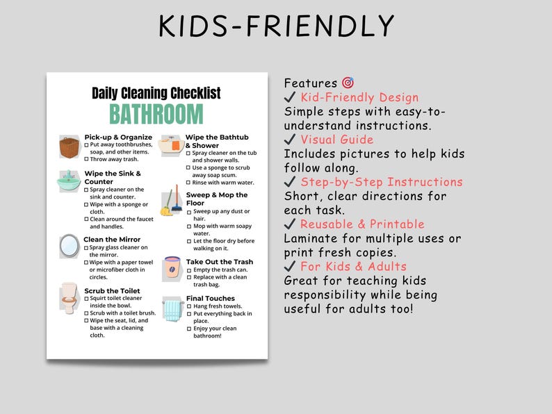 Bathroom Cleaning Checklist, Bathroom Cleaning Chart for kids and adults
