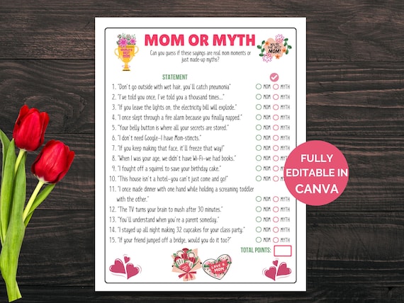 Funny Mothers Day Game Mom or Myth, Mothers Day Trivia, Mothers Day Brunch Game, Mothers Day Activity, Ice Breaker Game, Tea Party Games