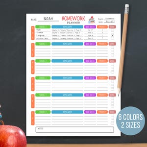 May include: A white homework planner with colorful subject and homework sections. The planner includes sections for subject, homework, due date, priority, and done. The planner is labeled "Homework Planner" and includes the name "Noah". The planner is available in 6 colors and 2 sizes.