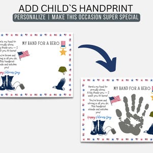 May include: A printable card with the text "MY HAND FOR A HERO" and "Happy Veterans Day". The design includes a handprint, an American flag, military boots, a helmet, and an eagle. The card is designed to be personalized.