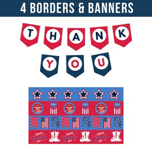 May include: Four printable borders and banners in red, white, and blue with stars, flags, and the text "Thank You" and "Happy Veterans Day".