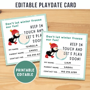 Tarjetas de juego editables para niños, tarjetas para imprimir con el lema Let's Play, tarjetas de juego, tarjetas de presentación para niños, tarjetas para mantenerse en contacto durante las vacaciones de invierno