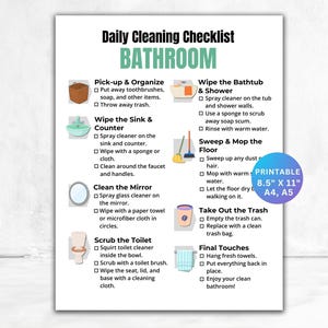 Bathroom Cleaning Checklist, Bathroom Cleaning Chart, Bathroom Cleaning List, Restroom Checklist, Home Cleaning, Bathroom Cleaning Guide