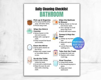 Lista de verificación para la limpieza del baño, Tabla de limpieza del baño, Lista de limpieza del baño, Lista de verificación del baño, Limpieza del hogar, Guía de limpieza del baño