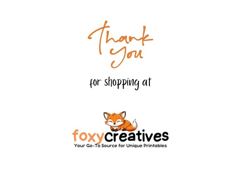 Może przedstawiać: Dziękujemy za zakupy w Foxycreatives, Twoim źr&oacute;dle wyjątkowych materiał&oacute;w do druku. Logo przedstawia kresk&oacute;wkowego lisa z pomarańczowym futrem i białym brzuchem.