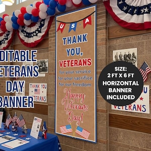 May include: A vertical rectangular banner with a tan background featuring the text USA, THANK YOU, VETERANS, for your service, for your sacrifice, for our freedom, and Happy Veterans Day, decorated with red, white, and blue flag illustrations.