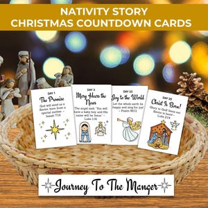 May include: An image of a woven basket containing four Christmas countdown cards with Nativity illustrations and text. The cards display the titles "The Promise," "Mary Hears the News," "Joy to the World," and "Christ is Born!" A Nativity scene and pinecone are also present.