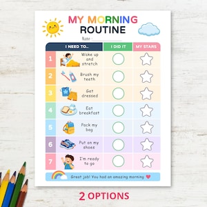Puede incluir: Una tabla de lista de verificación My Morning Routine con siete pasos numerados e iconos coloridos para despertar, cepillar dientes, vestir, desayunar, empacar mochila, poner zapatos y estar listo, con columnas para marcas y estrellas.