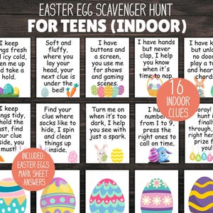 Búsqueda del tesoro de Pascua para adolescentes, búsqueda del tesoro para adolescentes, búsqueda de Pascua en interiores, pistas para la búsqueda del tesoro, Pascua para niños, juegos de Pascua para adolescentes