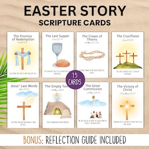 Puede incluir: Tarjetas de Escritura de la Historia de Pascua con ilustraciones en acuarela de eventos bíblicos. Las tarjetas muestran una cruz, una corona de espinas y el sepulcro vacío. El conjunto incluye 15 tarjetas y una guía de reflexión.