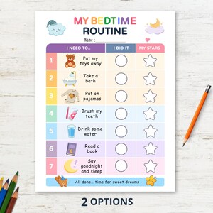 Puede incluir: Una tabla de rutina para dormir titulada My Bedtime Routine con siete pasos numerados que incluyen iconos para tareas como guardar juguetes, bañarse, cepillarse los dientes y leer, con columnas para marcar y estrellas, además de un lápiz.