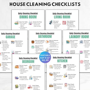May include: A set of printable house cleaning checklists, including daily tasks for the dining room, living room, garage, bathroom, laundry room, bedroom, and kitchen. The checklists are available in 8.5" x 11" and A4/A5 sizes.