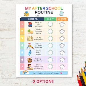 Puede incluir: Una tabla colorida de rutina después de la escuela con siete tareas numeradas e iconos, que incluyen colgar la mochila, tomar un refrigerio, hacer la tarea, hacer ejercicio, beber agua, ordenar las cosas y cenar con la familia.