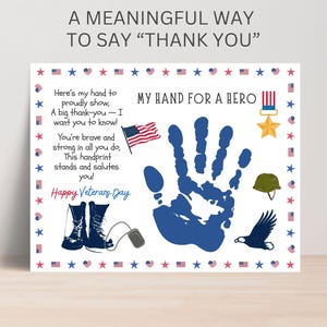 May include: A patriotic card with the text "A MEANINGFUL WAY TO SAY 'THANK YOU'". It features a blue handprint, an American flag, military boots, a helmet, and an eagle. The card is decorated with stars and flags, perfect for Veterans Day.
