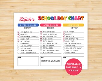 Lista de verificación editable para el día escolar para niños, lista de verificación de rutina diaria, tabla de tareas editable, tabla de rutina diaria