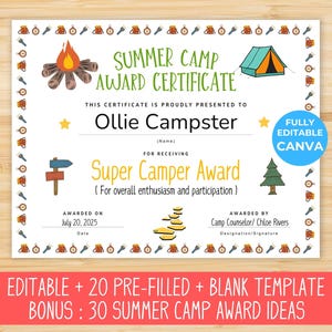 Summer Camp Awards, Editable Camp Awards, Summer Camp Certificates, Kids Summer Camp, Camp Award Certificates, Personalized Awards Camping