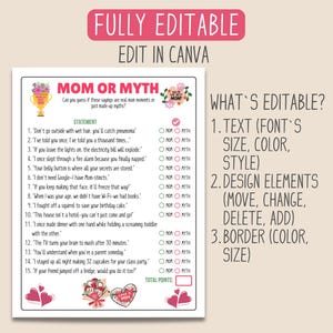 Może przedstawiać: Drukowana gra "Mama czy Mit" z 15 stwierdzeniami o macierzyństwie. Gracze wybierają "Mama" lub "Mit" dla każdego stwierdzenia, a następnie sprawdzają swoje odpowiedzi. Gra jest w pełni edytowalna w Canva.