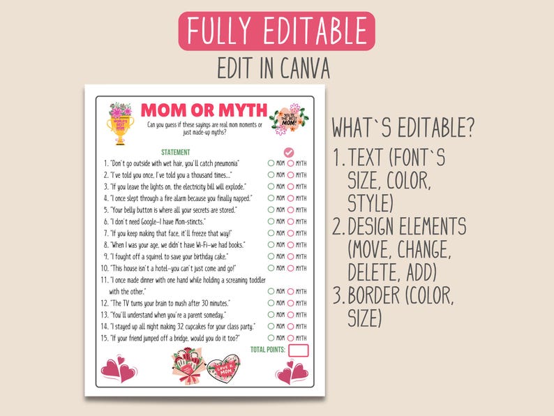 Może przedstawiać: Drukowana gra "Mama czy Mit" z 15 stwierdzeniami o macierzyństwie. Gracze wybierają "Mama" lub "Mit" dla każdego stwierdzenia, a następnie sprawdzają swoje odpowiedzi. Gra jest w pełni edytowalna w Canva.