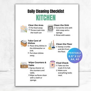 May include: A printable kitchen cleaning checklist on an 8.5" x 11" sheet. The checklist includes tasks like clearing the area, cleaning the sink, taking care of dishes, cleaning the floor, wiping counters, and a final check.