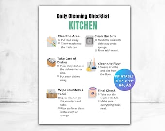 Puede incluir: Una lista de verificación de limpieza de cocina imprimible en una hoja A4. La lista de verificación incluye tareas como limpiar el área, limpiar el fregadero, cuidar los platos, limpiar el piso, limpiar las encimeras y una verificación final.