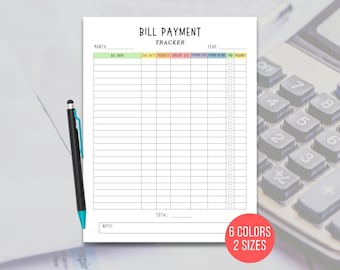 May include: A white bill payment tracker with a black pen and a calculator in the background. The tracker has columns for bill name, due date, priority, amount due, payment date, payment method, and frequency. A red circle indicates "6 COLORS 2 SIZES".