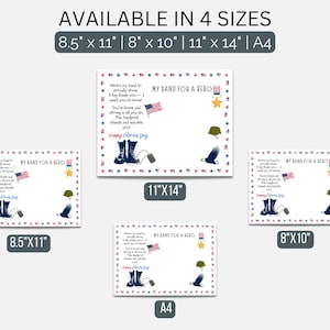 May include: A patriotic print available in four sizes: 8.5" x 11", 8" x 10", 11" x 14", and A4. The design features text, an American flag, military boots, a helmet, and an eagle, with the words "MY BAND FOR A HERO" and "Happy Veterans Day".
