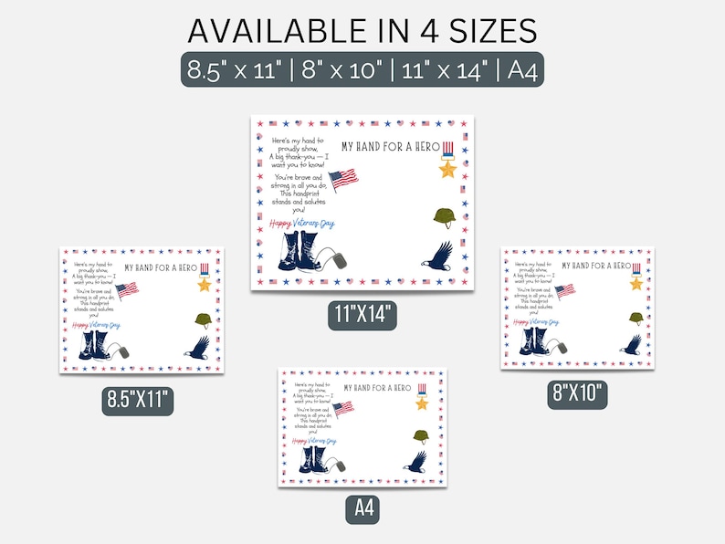 May include: A patriotic print available in four sizes: 8.5" x 11", 8" x 10", 11" x 14", and A4. The design features text, an American flag, military boots, a helmet, and an eagle, with the words "MY BAND FOR A HERO" and "Happy Veterans Day".