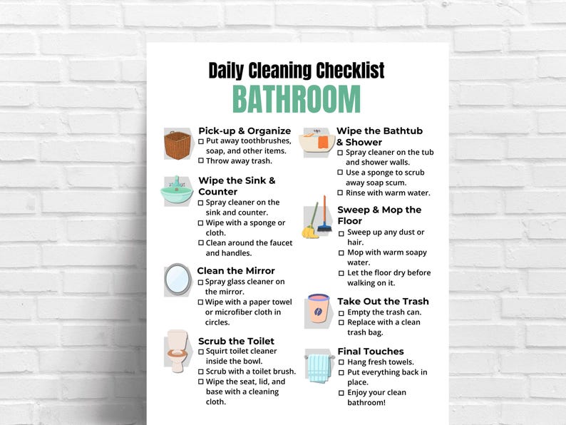 Bathroom Cleaning Checklist, Bathroom Cleaning Chart, Bathroom Cleaning List, Restroom Checklist, Home Cleaning, Bathroom Cleaning Guide