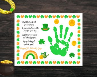 St Patricks Day Handprint Craft, Saint Patrick Handprint Art, Handprint Shamrock, Handprint Art Poem, Kids St Patricks Day Handprint Art