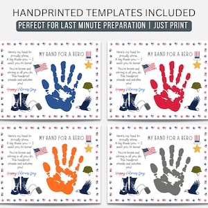 May include: Four handprint templates with patriotic themes. Each features a handprint in blue, red, orange, and gray, with text reading "MY HAND FOR A HERO" and "Happy Veterans Day." Includes American flags, boots, and stars.