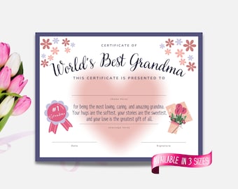 World's Best Grandma Certificate, Best Grandma Award, Mother's Day Certificate, Best Grandma Ever, Birthday Gift For Grandma, Grandma Gift