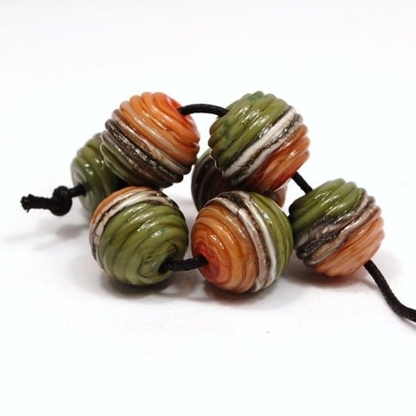 EARTHY RIBBED Beads - Handmade Lampwork - Free U.S. Shipping - SRA