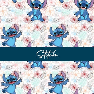 May include: A seamless pattern featuring a blue cartoon character named Stitch from the Disney movie Lilo & Stitch. Stitch is depicted with a mischievous grin and is surrounded by delicate floral designs in shades of pink, red, and blue.