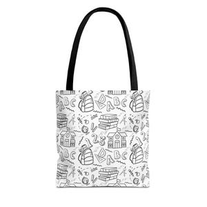 May include: A white tote bag with black handles featuring a repeating pattern of school-themed line art illustrations including backpacks, stacks of books, school buildings, globes, rulers, pencils, and the letters ABC along with the numbers 1, 2, and 3.