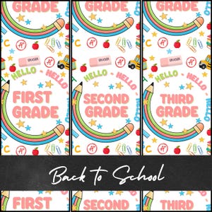 May include: Three printable door signs with a back to school theme. The signs feature a rainbow, stars, pencils, and the words "First Grade", "Second Grade", and "Third Grade".