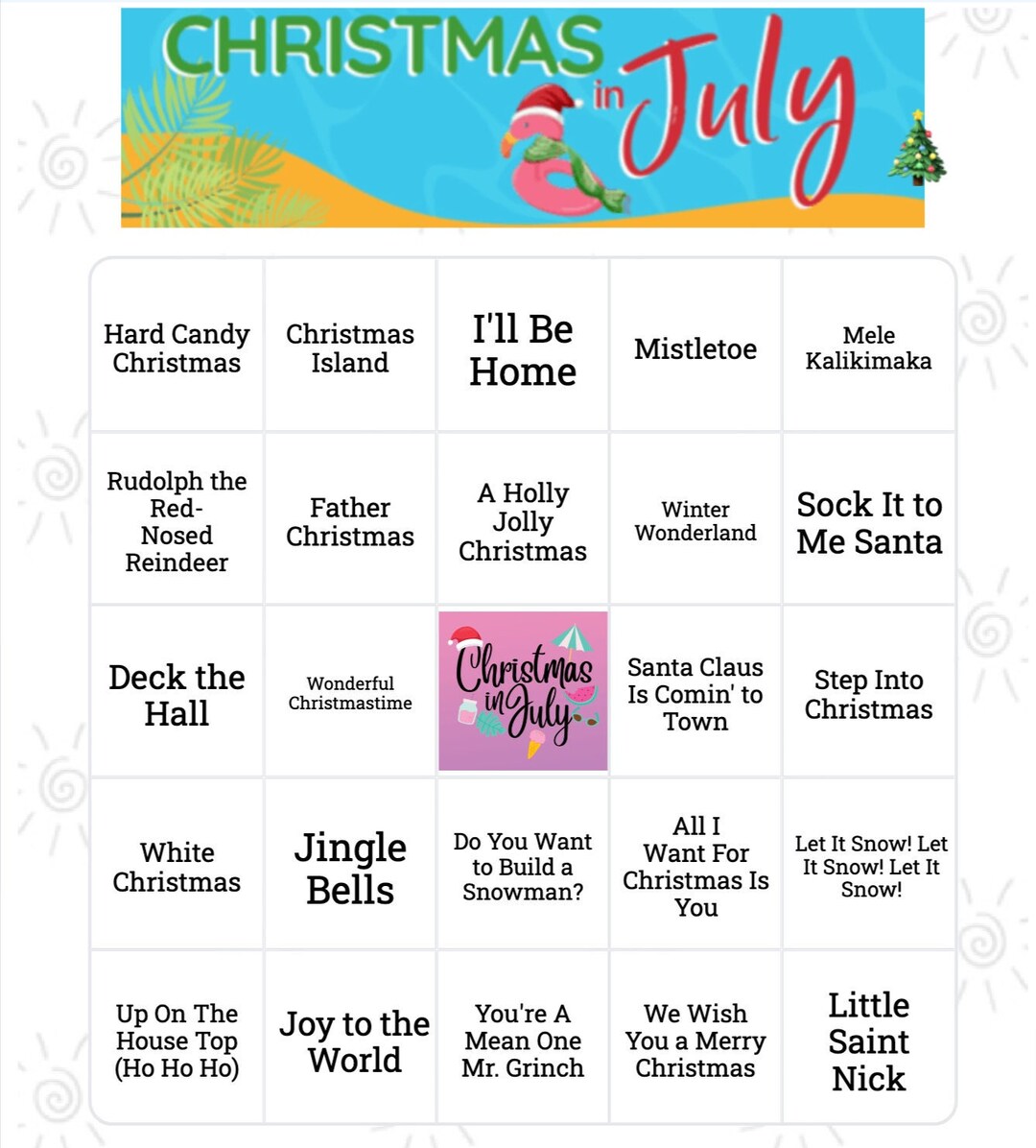Christmas in July Music Song Bingo 100 Bingo Cards, Apple Music