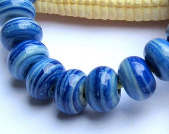 10 Glasperlen, Spacer, jeansblau, 7-8mm x 5mm, Lampwork, Anfertigung nach Bestellung