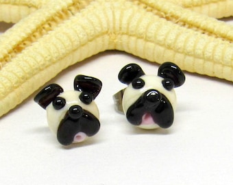 glass stud earrings pug, lampwork, muranoglass