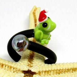 rubberring, lampwork, muranoglass, adjustable, christmasfrog with golden ball, MTO