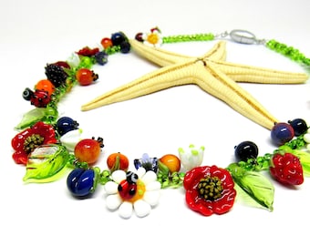 necklace with handmade lampwork beads, poppy, daisy, ladybug, flowers, lampwork, MTO